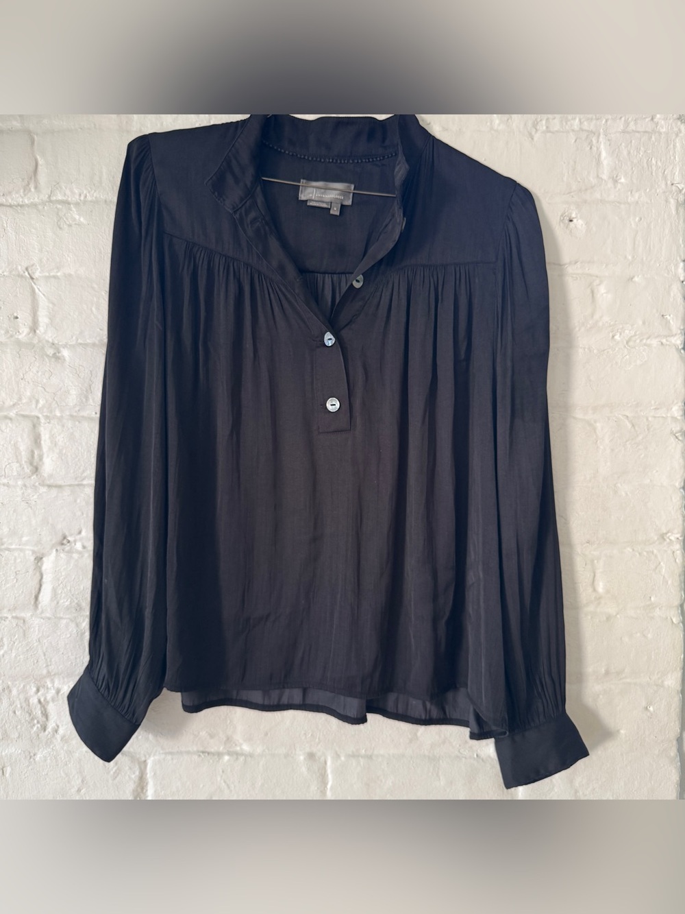 Anthropologie Black Gathered Blouse Button Front Size M